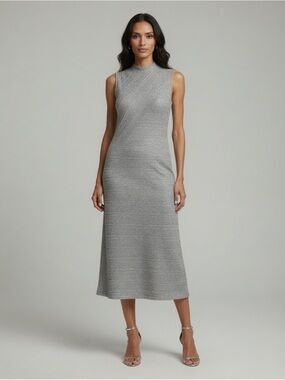Cabot Vintage Wool Metallic Blend Sleeveless Mock Neck Midi Dress in Silver
